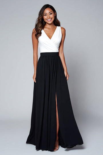 A Line Black and White V Neck Formal Dress with Slit